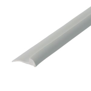 Close-up of a white plastic edging strip with a rounded bottom edge, viewed diagonally on white background.