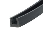 Diagonal close-up of a black, powder-coated U-shaped metal channel with inner groove and flat surfaces.