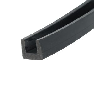 Diagonal close-up of a black, powder-coated U-shaped metal channel with inner groove and flat surfaces.