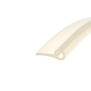 Close-up of a beige curved strip of paper with a circular cutout near its end on a white background.