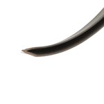 Close-up of a curved black object with a thin metallic edge on a white background.