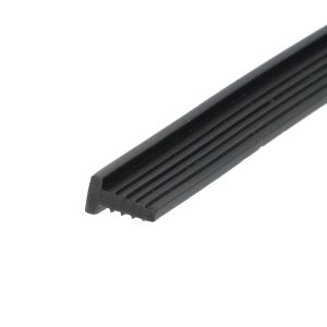 Close-up of a black grooved rubber strip with a tapered end shown diagonally across a white background.