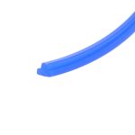 Blue curved plastic tube crossing diagonally over a white background.