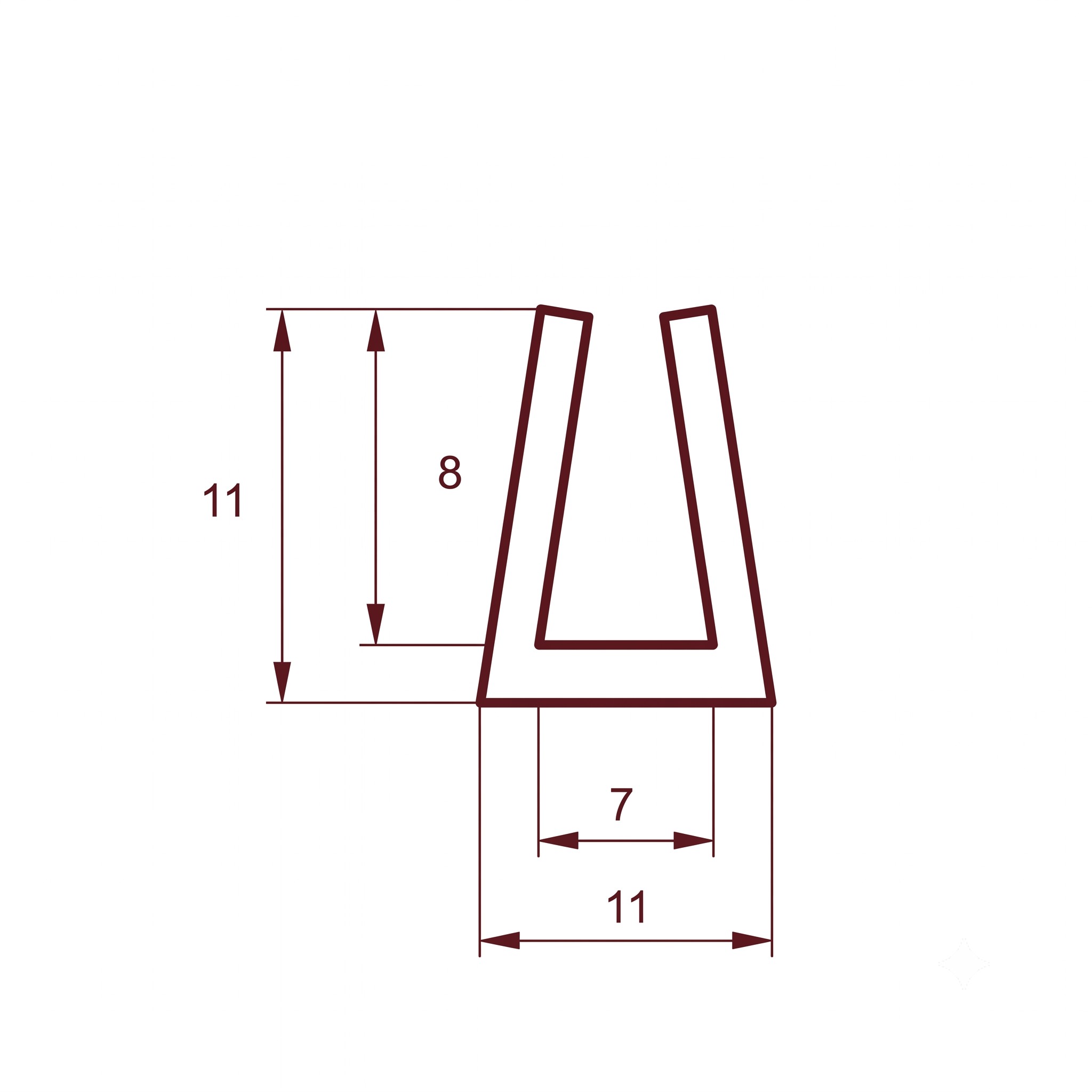 023405 - Centrum uszczelek A technical diagram of a maroon frame with vertical posts and stacked rectangular sections, with dimension lines and numbers (11, 8, 7) indicating measurements.