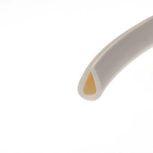 Close-up of a curved white object with a yellow interior, set against a white background.