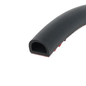 Close-up of a black foam roller tube with a hollow center on a white background, showing textured foam edge and red underside edge.