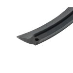 Close-up of a dark gray plastic slide rail with a curved tip and hollow section, shown at an angle against a white background.