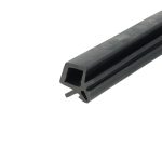 Close-up of a black metal square-tube rail running diagonally across a white background.