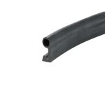 Close-up of a dark grey rubber extrusion with a hollow circular bore and a curved profile, likely a seal or gasket part.