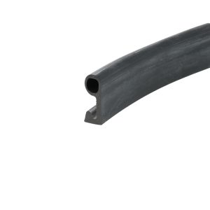 Close-up of a dark grey rubber extrusion with a hollow circular bore and a curved profile, likely a seal or gasket part.