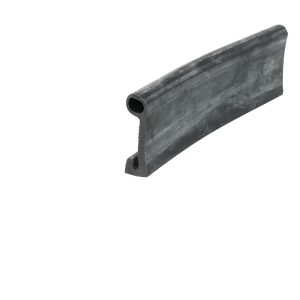 Close-up of a gray rubber extrusion with a hollow circular channel, likely a weather seal or gasket cross-section.