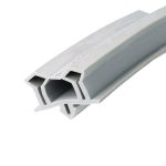 Close-up of a gray plastic modular connector with two rectangular openings at the end.