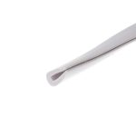 Close-up of a white curved plastic handle against a white background, with the edge showing on the right side.
