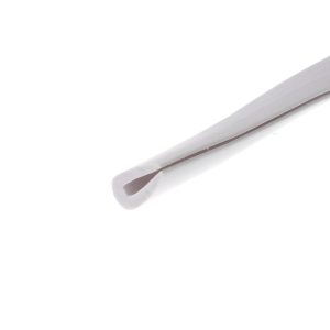 Close-up of a white curved plastic handle against a white background, with the edge showing on the right side.