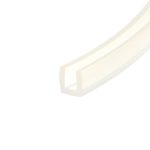 Decorative abstract beige curved stripe across a white background.