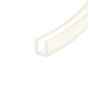 Decorative abstract beige curved stripe across a white background.