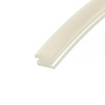 Close-up of beige baseboard molding running diagonally across a white background.