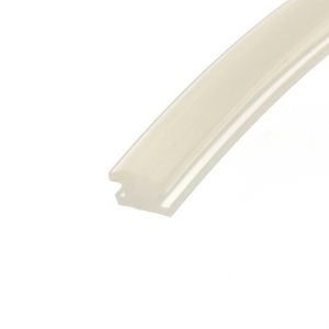 Close-up of beige baseboard molding running diagonally across a white background.