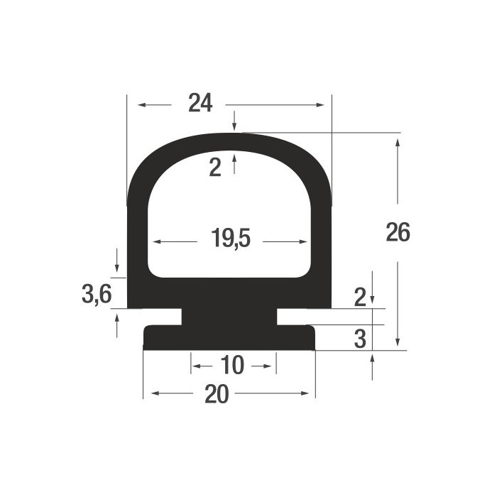 0464076 - Centrum uszczelek Dimensioned cross-section of a U-shaped profile with a rounded top and flange; outer width 24, outer height 26, inner opening 19.5 wide, inner gap 2 tall.