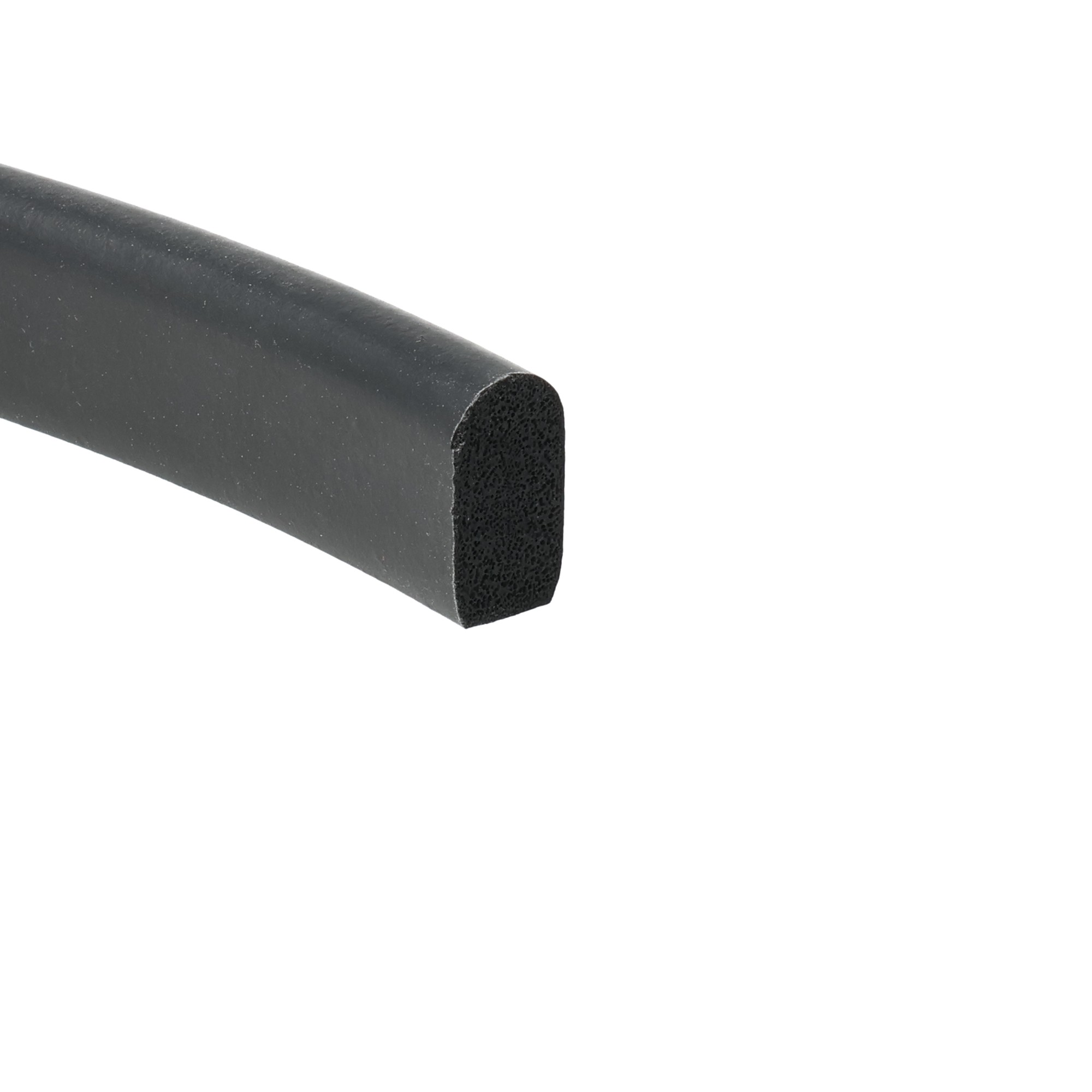 uszczelka-gumowa-piankowa-neoprenowa-typ-d-10-x-6mm-czarna-046818n-1 - Centrum uszczelek Close-up of black foam pipe insulation with a textured surface and rounded end visible at the bottom-right corner.