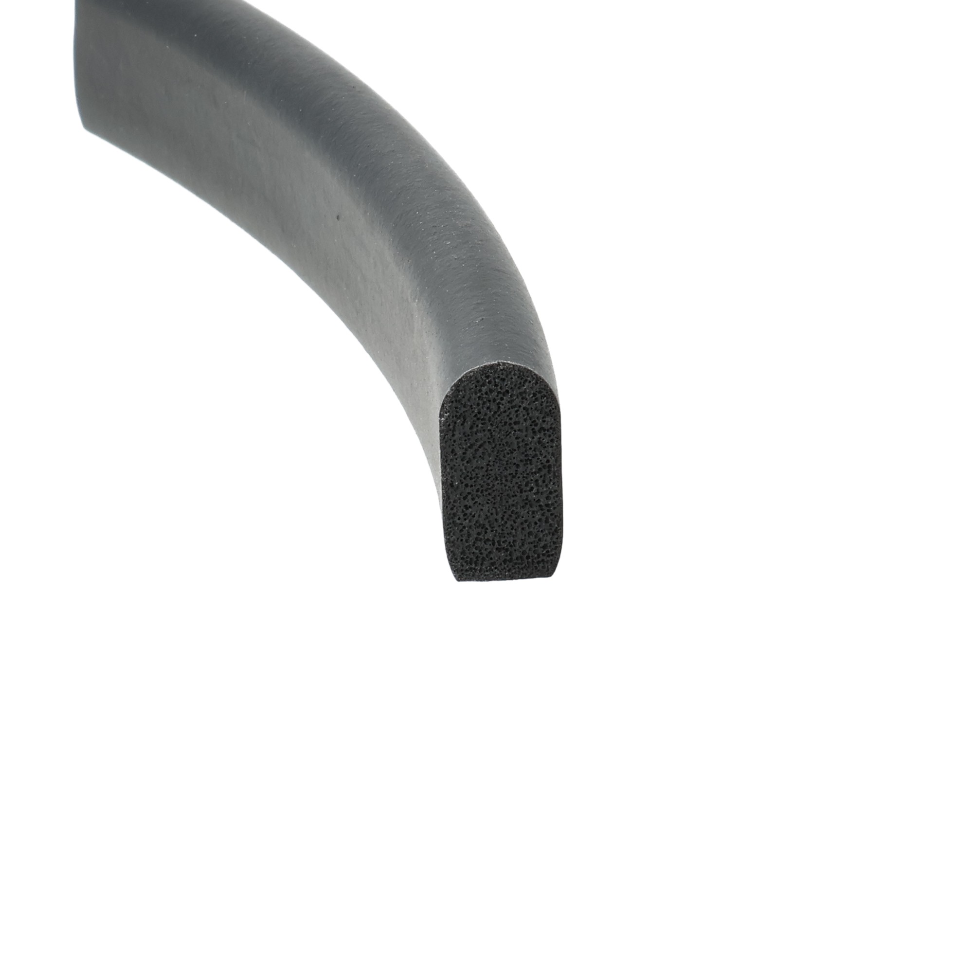 uszczelka-gumowa-piankowa-neoprenowa-typ-d-10-x-6mm-czarna-046818n-3 - Centrum uszczelek Close-up of a curved gray foam-wrapped tube with a black porous end visible in the foreground.