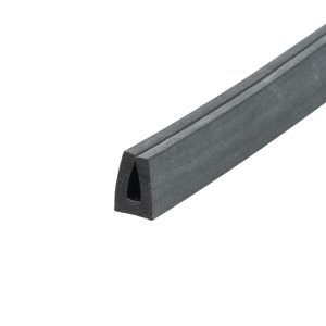 Close-up of a black foam sealing strip with a hollow triangular cross-section viewed at an angle, likely a gasket edge.