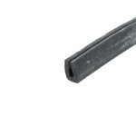 Close-up of a black foam weatherstripping seal along a metal frame, showing its textured surface and gap.