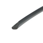 Close-up of a dark gray metal blade with a serrated bottom edge against a white background.