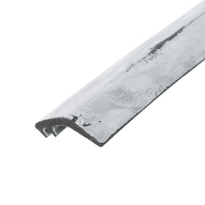 Close-up of a diagonal silver saw blade with teeth along the edge, set against a white background.