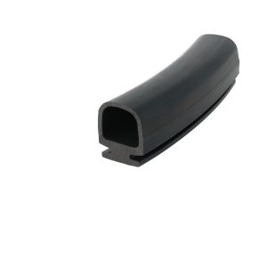 Close-up of a black, hollow, U-shaped rubber extrusion with a rounded outer edge.