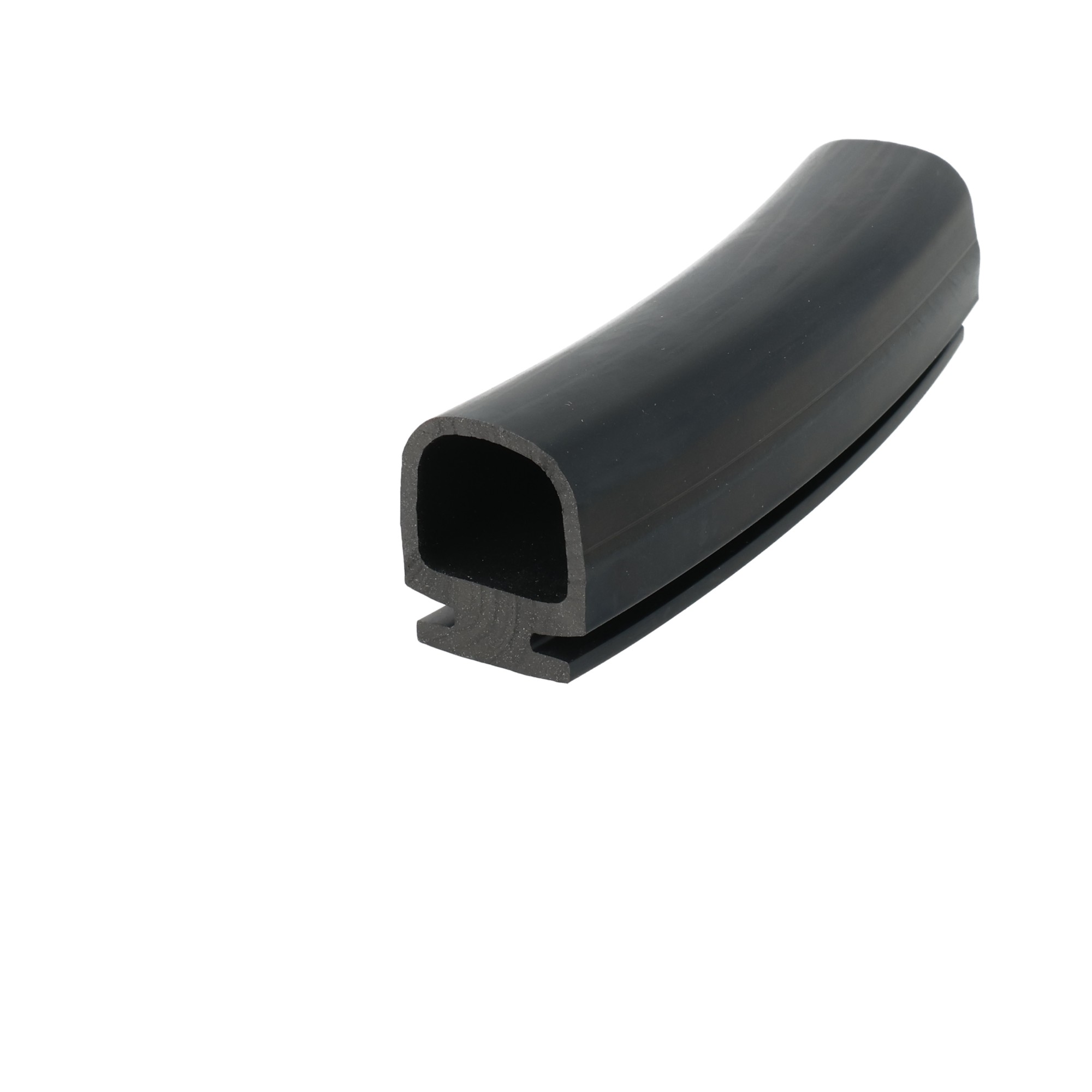 uszczelka-rolety-dolna-gumowa-20-x-26-x-24mm-czarna-0464076-3 - Centrum uszczelek Close-up of a black, hollow, U-shaped rubber extrusion with a rounded outer edge.