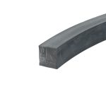Close-up of a dark gray curved metal beam with a square end on a white background, showing wear marks and texture.