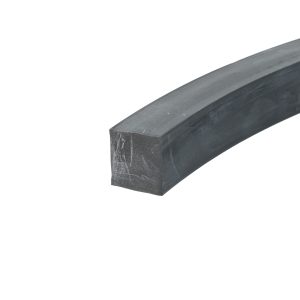 Close-up of a dark gray curved metal beam with a square end on a white background, showing wear marks and texture.