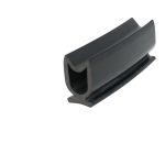 Close-up of a black plastic clip with a rounded open end and U-shaped channel.
