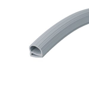 Curved gray plastic conduit with ribbed exterior, open at the end, viewed from side.