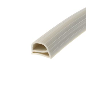 Roll of white corrugated plastic tubing (PVC conduit) diagonally across a white background.