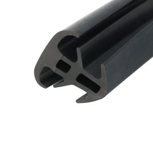 Close-up of a black plastic extrusion with rounded U-shaped cutouts and a groove along its length.