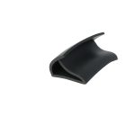 Close-up of a black curved plastic piece with a glossy finish, partially visible against a white background.