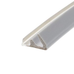 Close-up of a gray foam roller with white caps, diagonal across a white background.