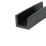 Close-up of a black U-shaped metal channel with hollow interior and squared edges, viewed at an angle.