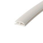 Close-up of a white plastic rail or channel running diagonally across a white background, showing curved edges.