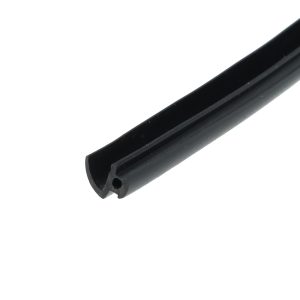 Close-up of a black rectangular hollow extrusion photographed at an angle against a white background.