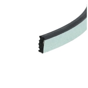 Close-up of a blue foam weatherstrip with a dark rubber edge along a curved window frame.