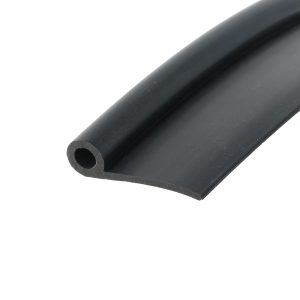 Close-up of a black rubber tube with a circular hollow end on a white background, viewed diagonally.