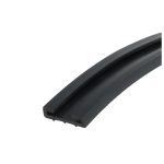 Black plastic U-channel extrusion photographed diagonally, showing a hollow rectangular profile on a white background.