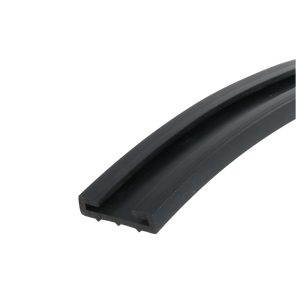 Black plastic U-channel extrusion photographed diagonally, showing a hollow rectangular profile on a white background.