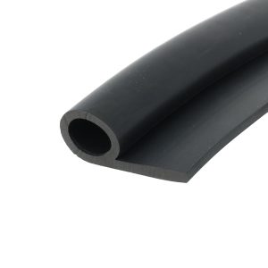 Close-up of a black rubber cylinder with a hollow center and smooth outer surface, showing the cut end at an angle.