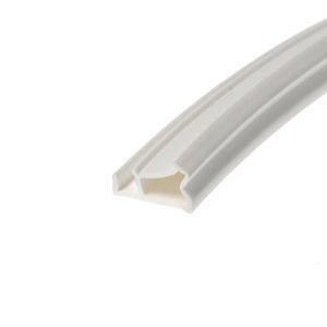 Close-up of a white hollow plastic extrusion with a U-shaped channel, photographed diagonally across a white background.