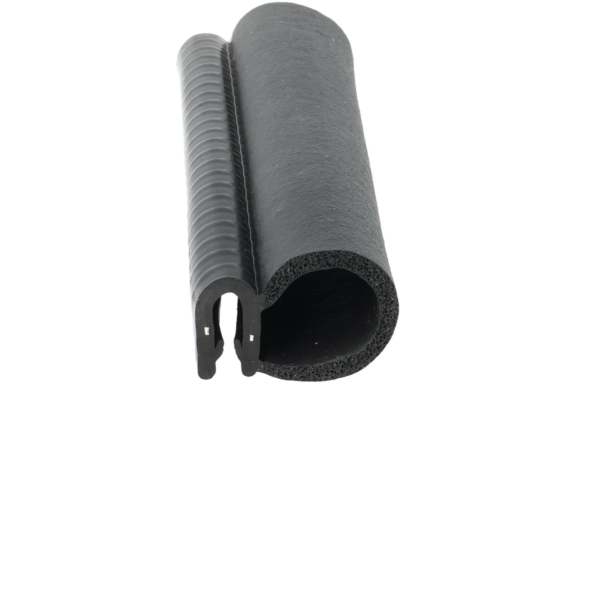 uszczelka-samochodowa-samozaciskowa-t-8-na-krawedz-1-3mm-04-875-3 - Centrum uszczelek Close-up of black foam pipe insulation over a gray corrugated pipe, held by a small clip or bracket against a white background.