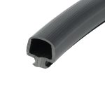 Close-up of a black ribbed rubber tube, showing parallel grooves along its length and a hollow circular opening at the end.